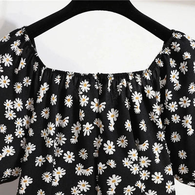 Women Mini Dresses Summer Fashion Female Vestidos Print Floral Chiffon Dresses Shirring Pleated Short Puffy Sleeve Casual Dress