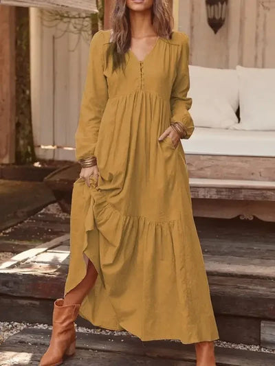 Women's Dress 2025 Spring and Summer Women's Button Cotton and Linen Retro Casual Long Sleeve Dress Large Hem Long Skirt