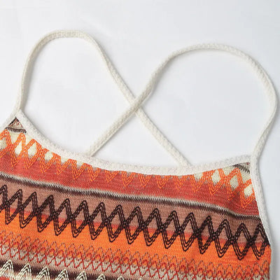 Summer New Women's Beach Vacation Dress With Suspender Straps Colorful Stripes Knitted Drawstring Sexy Backless Strap Dress