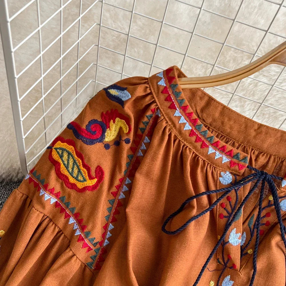 Boho Vintage Spring Autumn Women's Dress Ethnic Style Sundress Long Sleeve Embroidered Cotton Linen Black Beach Dresses платье