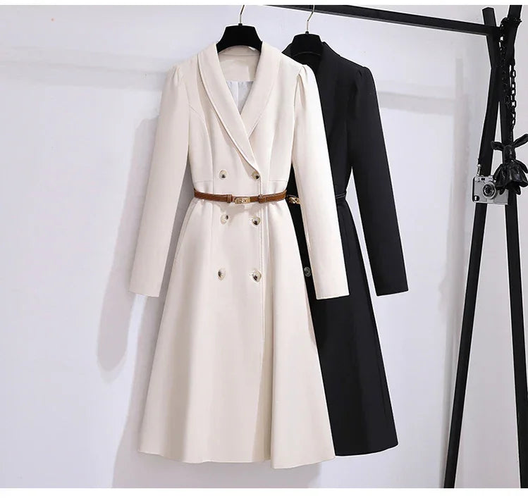 Women's Dress Double Breasted Elegant Dresses for Women 2025 Autumn Off white Dress Belt Knee-Length Solid Fashion Woman Clothes