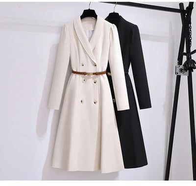 Women's Dress Double Breasted Elegant Dresses for Women 2025 Autumn Off white Dress Belt Knee-Length Solid Fashion Woman Clothes