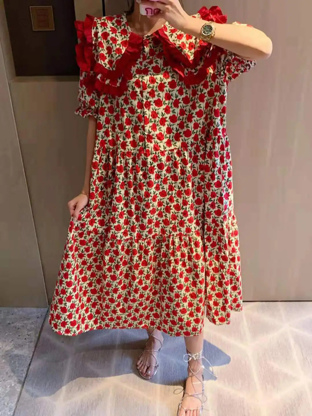 Summer Dress Women 2022 Chic Design Red Rose Print Peter Pan Collar Vintage Flowers Long Dress Puff Sleeve Maxi Cotton Dress