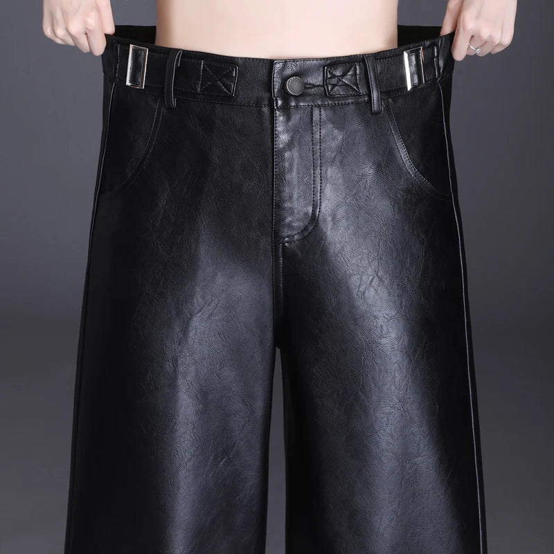 Women  Wide Leg PU Leather Pants  Autumn Winter Fashion Warm Long Pants Back Elastic Waist  Straight Elegant  Leather Trousers