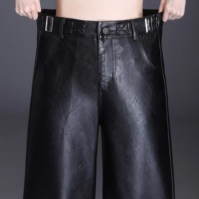 Women  Wide Leg PU Leather Pants  Autumn Winter Fashion Warm Long Pants Back Elastic Waist  Straight Elegant  Leather Trousers