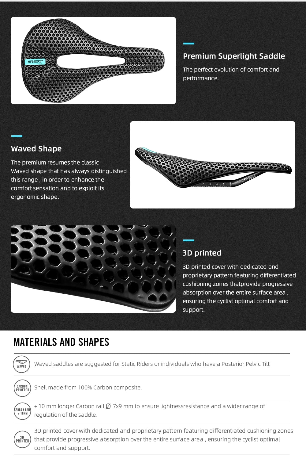 RYET 3D Printed Bike Carbon Saddle 140mm 142mm Super Light Road MTB Racing EVA Saddles Bicycle Seat Cushion Cycling Seating Part