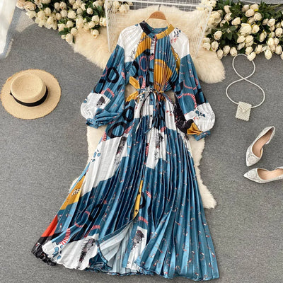 Retro Print Elegant Pleated Lace-up Chiffon Long Sleeve Dress A-line Blouse French Casual V-neck High Waist Women Summer Dresses