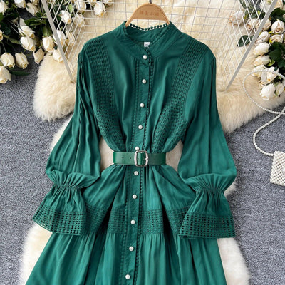Retro Elegant Summer Stand Collar Flare Sleeve Single Breasted Lace Spliced Dress A-line French Evening Party Women Dresses