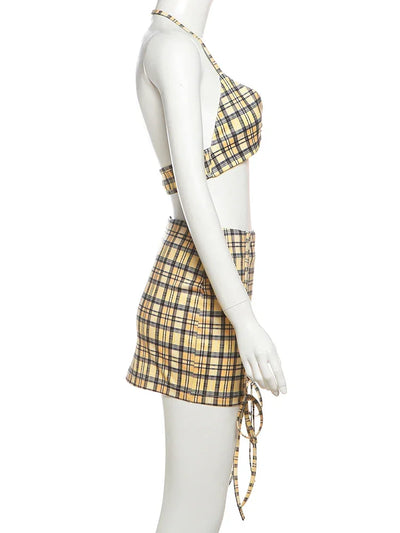 Whatiwear Street Fashion 3 Piece Set Women Polo-Neck Single-Breasted Blouse+Halter Bra+Plaid Print Shirring Skirts Y2K Style Set