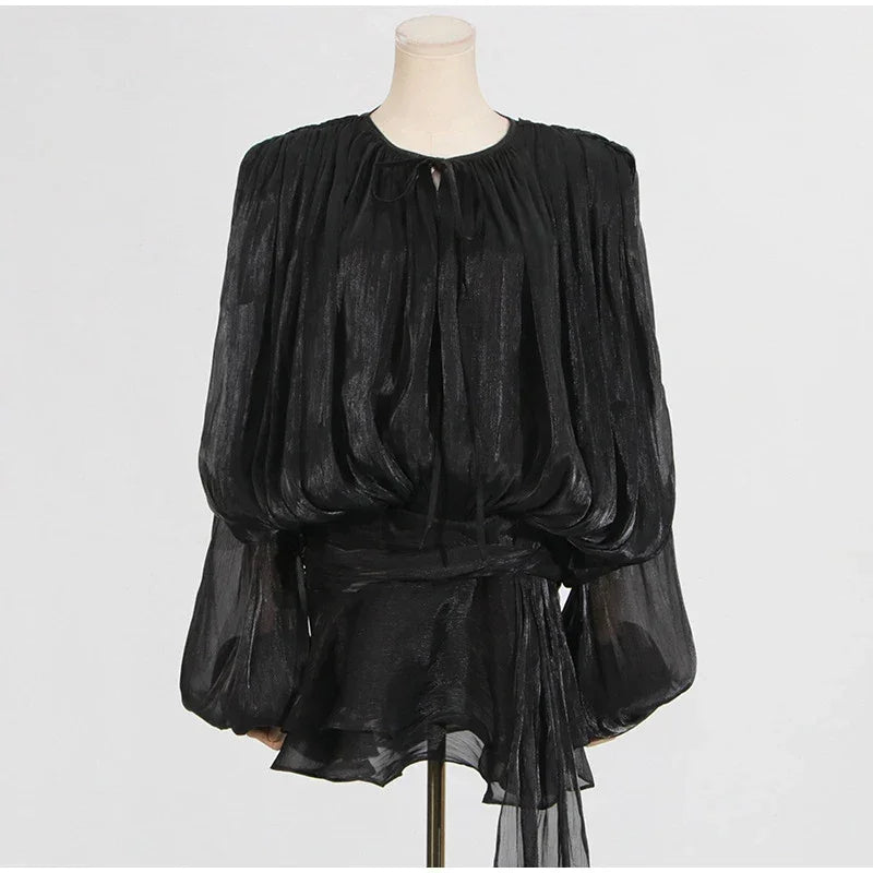 Ruffles Mini Dress Women Lace Up  V Neck Long Sleeve Pleated Female Dresses 2025 Elegant Summer Autumn Street Loose Ladies Robes