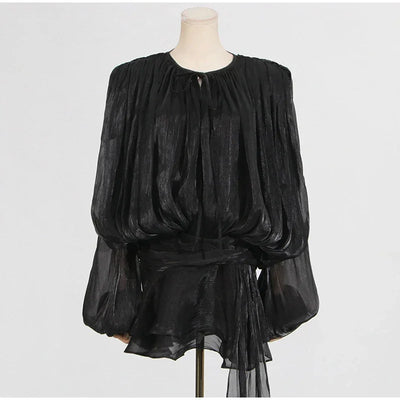 Ruffles Mini Dress Women Lace Up  V Neck Long Sleeve Pleated Female Dresses 2025 Elegant Summer Autumn Street Loose Ladies Robes