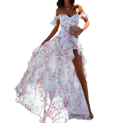 Elegant Party Dresses for Women 25 New Casual Fashion Print Trend Sexy Spicy Girl Off Shoulder Strap Split Waist Dress Vacation