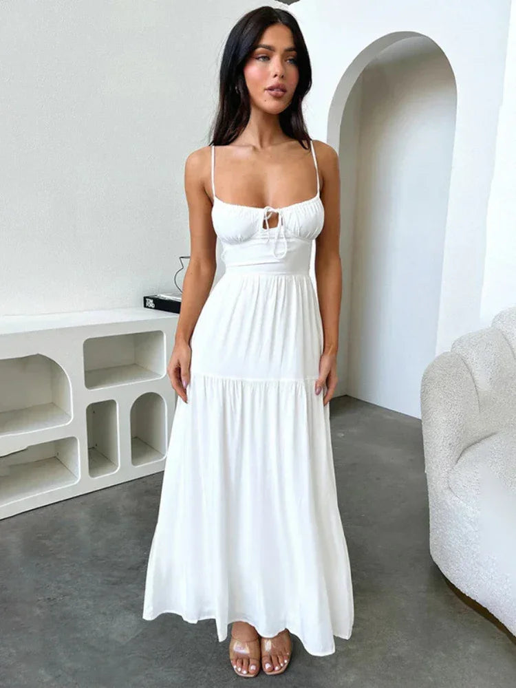 BOOFEENAA Halter Backless Maxi Long Dress Sexy Vacation Outfits White Black Summer Dresses for Women Clothes 2024 C66-CH28