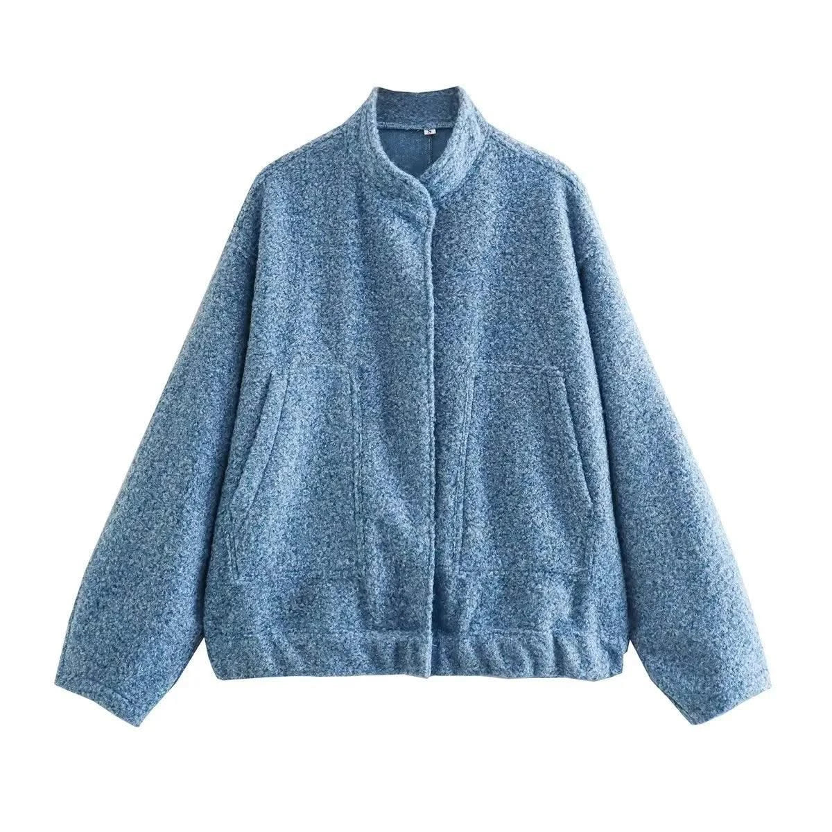 Woman's Oversized Bomber Jacket Autumn New Round Neck Long Sleeve Pocket Hidden Button Loose Jackets Coat Female Outerwear