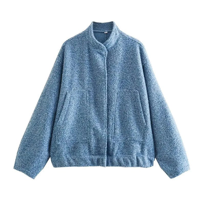 Woman's Oversized Bomber Jacket Autumn New Round Neck Long Sleeve Pocket Hidden Button Loose Jackets Coat Female Outerwear