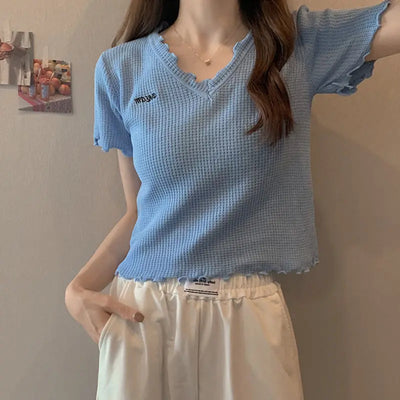 Oversized Summer Short Sleeve T-shirt Women's Foreign Style Versatile Slim Knitted Top Underlay
