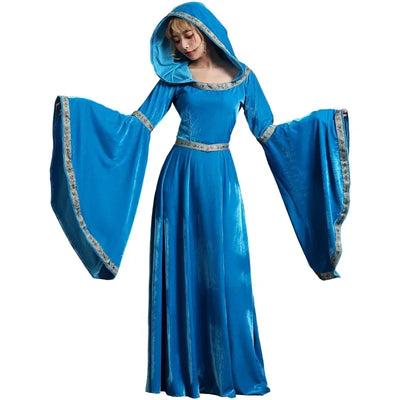 Medieval Women Dress Renaissance Vintage Court Queen Princess Flare Sleeve Hooded Dress Halloween Party Fancy Dress