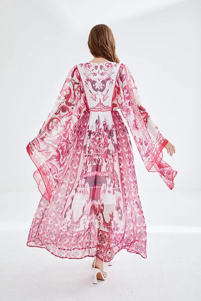 Women Clothing O Neck Flare Sleeve Large Swing Maxi Dress New Summer Bohemian Blue And White Porcelain Print Chiffon Vestidos