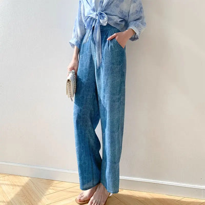 Women Pants 100% Mulberry Silk 16 momme Blue Jeans Printed Pocket Wide Leg Long Trousers Elastic Waist Office Lady M L XL MM858