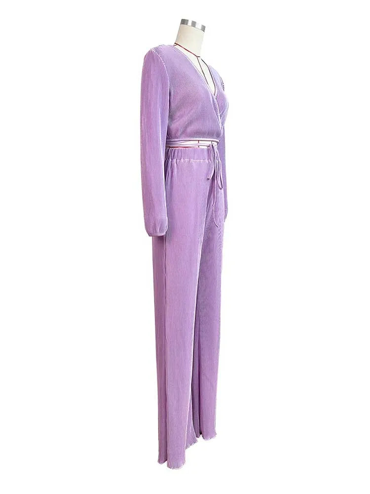 Casual Sets Womens Outfits Fall Clothes 2 Piece Lounge Set Draped Top and Elastic Wrap Pant Sets Outfits Wholesale Dropshipping