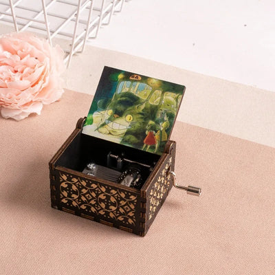 Wooden painted music box, Totoro music gift, ornament, light luxury wooden hand cranked music box