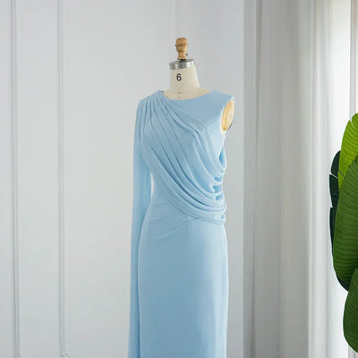 Sharon Said Elegant Light Blue Evening Dresses for Wedding with Feathers Cape Luxury Dubai Formal Party Dress SF289 Customized