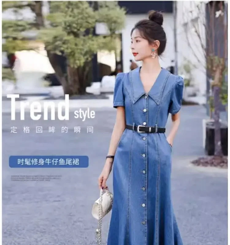 Denim Dress Women 2025 Spring Summer New Temperament Waist Fashion Fishtail Skirt Female Single Breasted Long Slim Dresses