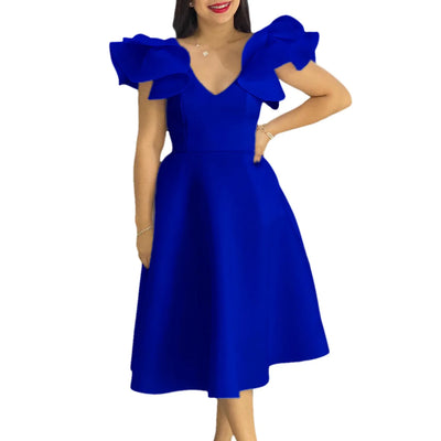 Elegant Party Dresses for Women V Neck Ruffles Sleeve High Waisted A Line Mid Calf Luxury Birthday Dinner Vestidos Mujer Dress