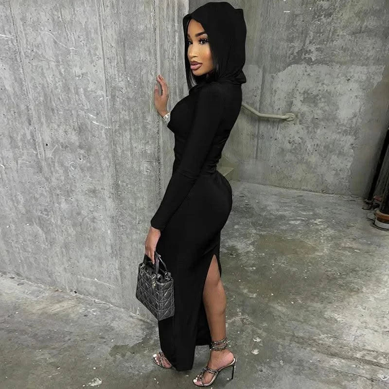 Hooded Long Dress For Women Y2k Clothes Sexy Streetwear Long Sleeve Bodycon Vestidos De Mujer Solid Robe Femme Été Back Split