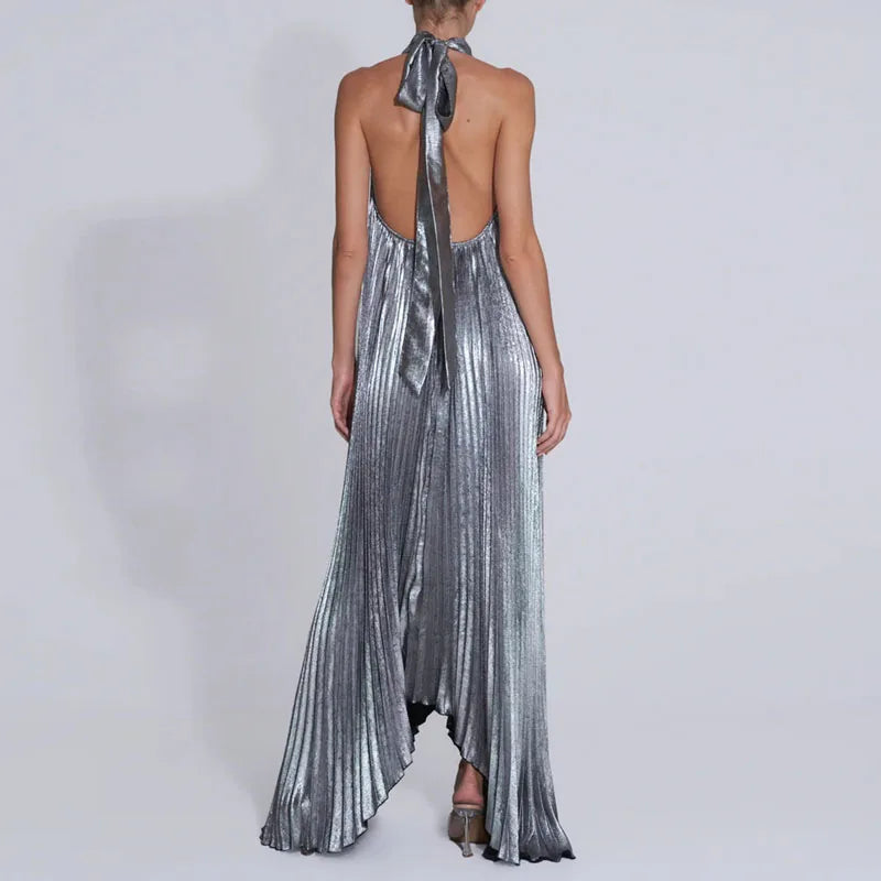 Women Sexy Dresses 2025 Spring Halter Tie-up Backless Hollow Evening Dresses New Summer Solid Loose Pleated Irregular Long Dress