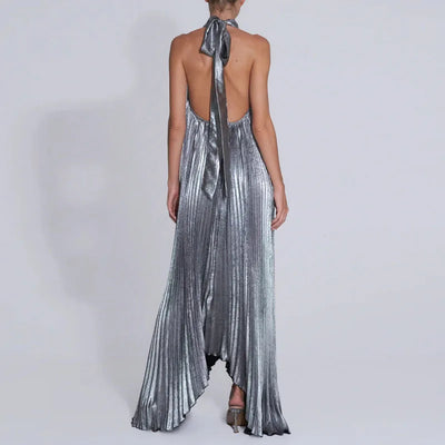Women Sexy Dresses 2025 Spring Halter Tie-up Backless Hollow Evening Dresses New Summer Solid Loose Pleated Irregular Long Dress
