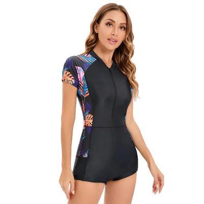 Womens Short Sleeve Swimsuit Rash Guards Wetsuit Floral Print Zipper Surfing Diving Swimming Jumpsuit Swimwear Bathing Suit