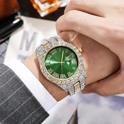Personalized Hip Hop Watch with Shiny Rhinestones for Men, Luxury Clock, Band Length, Iced Steel Belt, 40mm Diameter Glass Dial