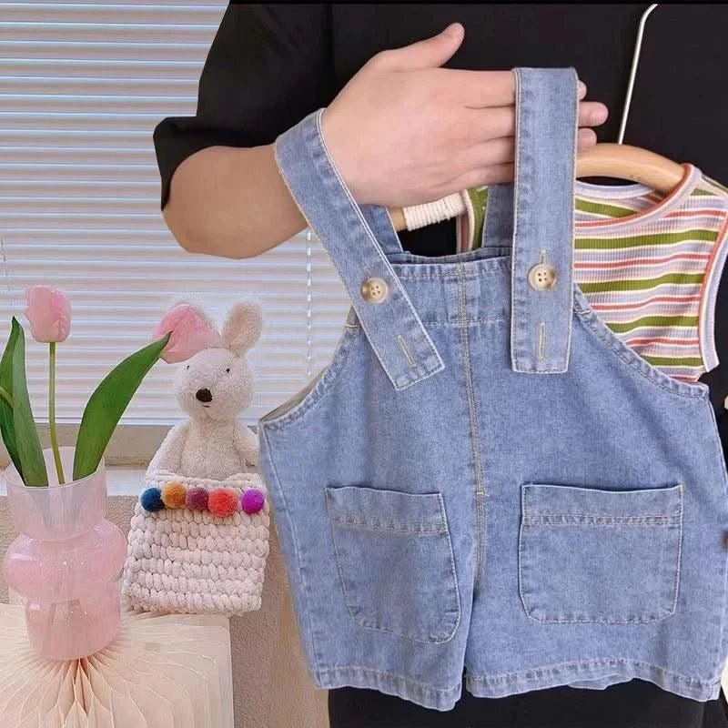 Kids Summer Clothes Toddler Girls Cute Outfits Striped Vest + Denim Straps Baby Girls Suits Children's Clothing