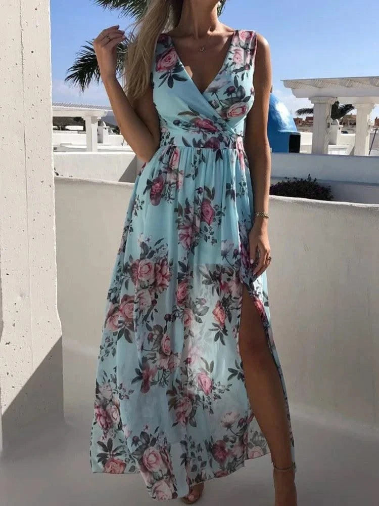 Summer Women Dress Floral Print Fashion Slim V-Neck Tie-Up Backless Chiffon Sexy Sleeveless Slit Maxi Cover-Ups Robe Beach Dress