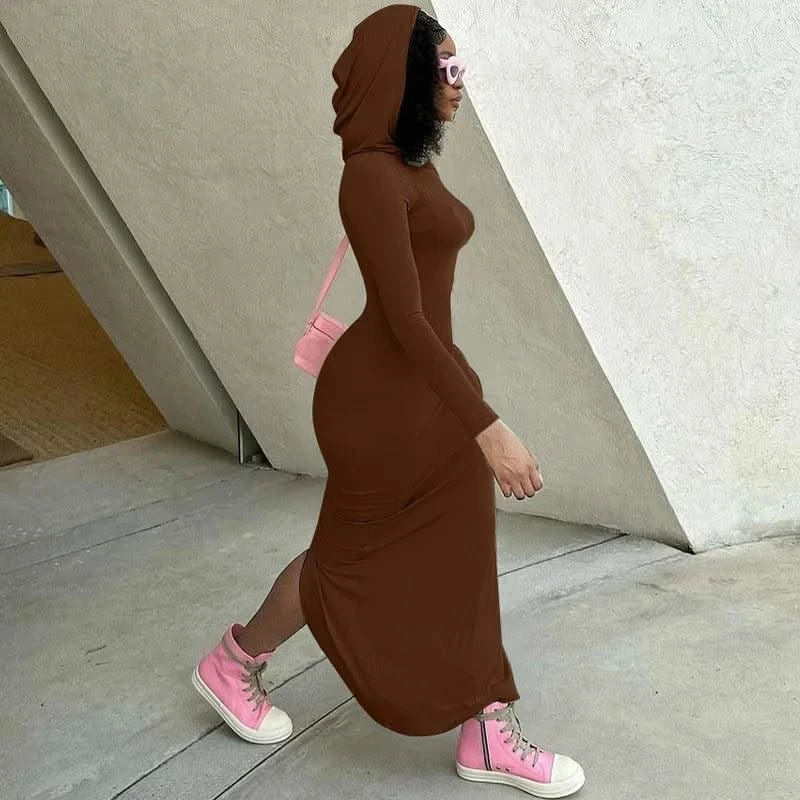 Hooded Long Dress For Women Y2k Clothes Sexy Streetwear Long Sleeve Bodycon Vestidos De Mujer Solid Robe Femme Été Back Split