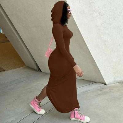 Hooded Long Dress For Women Y2k Clothes Sexy Streetwear Long Sleeve Bodycon Vestidos De Mujer Solid Robe Femme Été Back Split