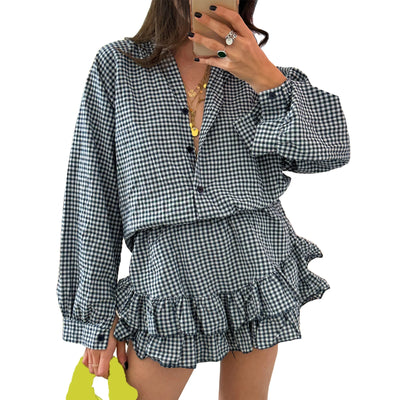 Women's Aesthetic 2 Piece Clothes Outfits Sets Plaid Long Sleeve Button Down Shirts Tops Tiered Ruffle Skirted Shorts Loungewear