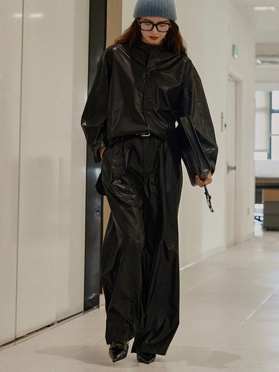 High Waist Black Glossy Casual Long Wide Leg Pants New Loose Fit Trousers Women Fashion Tide Spring Autumn 2025