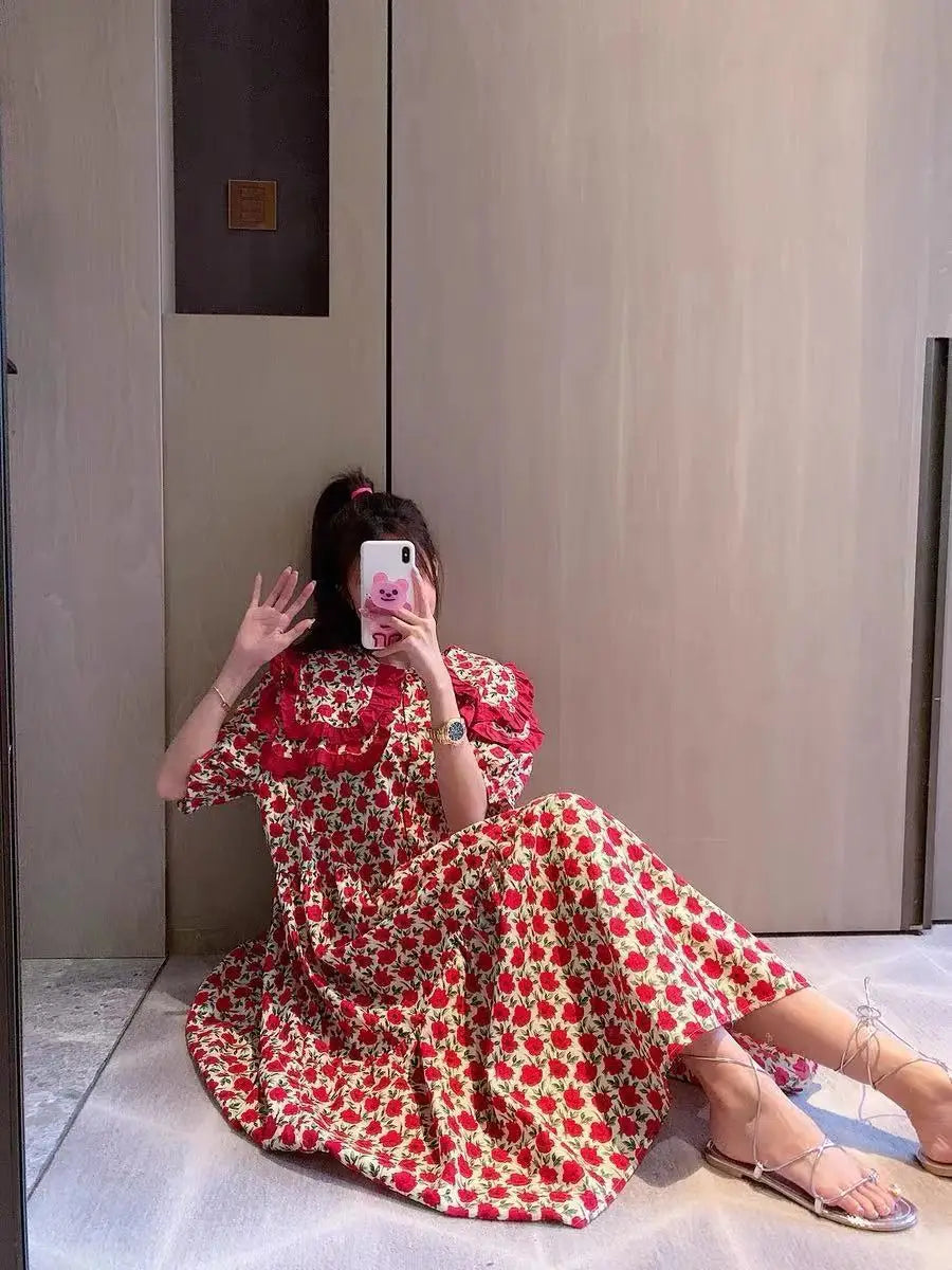 Summer Dress Women 2022 Chic Design Red Rose Print Peter Pan Collar Vintage Flowers Long Dress Puff Sleeve Maxi Cotton Dress