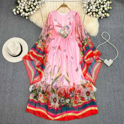 Women Maxi Chiffon Dress Summer Bohemian Rabbits Flower Porcelain Print Clothing Floor Length Flare Sleeve Long Vestidos