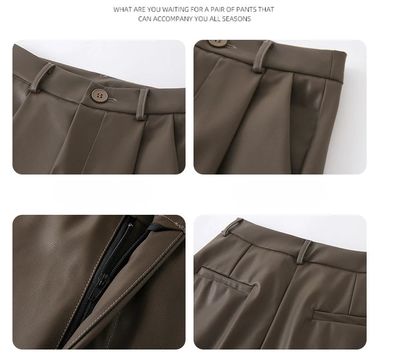Women's Wide Leg Pants PU Straight Pants Autumn New Fashion Pantalones Mujer Solid Black Brown Leather Pants Women Streetwear