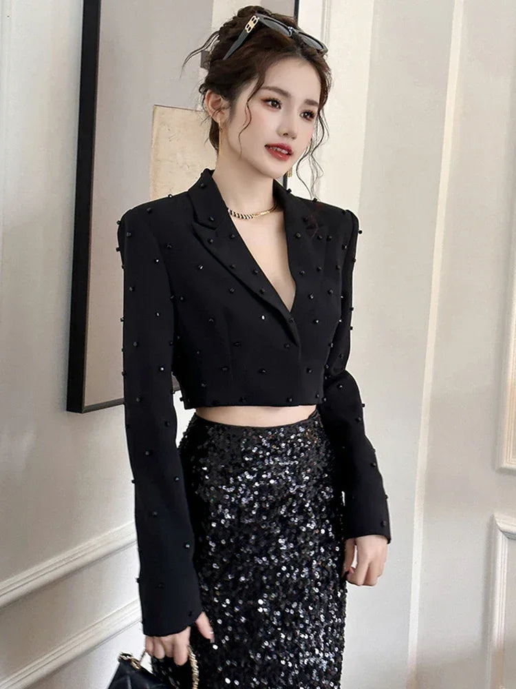 Fashion Chic Women's Blazer Office Lady Bright Black Long Sleeve Short Casual Party Coat Ladies Outerwear Stylish Cropped Tops