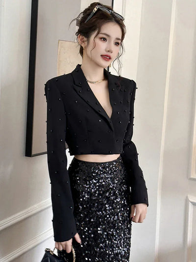 Fashion Chic Women's Blazer Office Lady Bright Black Long Sleeve Short Casual Party Coat Ladies Outerwear Stylish Cropped Tops