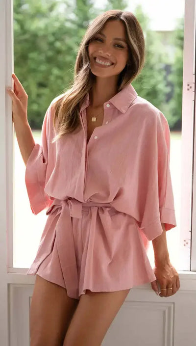 Women's Jumpsuit Spring/summer New Style With Collar Mid Sleeves Waist Strap Fashionable Loose Short Style Solid Color Jumpsuit