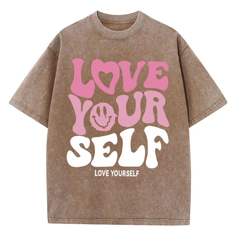 Women'S Cotton Washed T-Shirts Trend Distressed Loose Tees Love Your Self Letter Printing Short Sleeve Summer Female Clothes