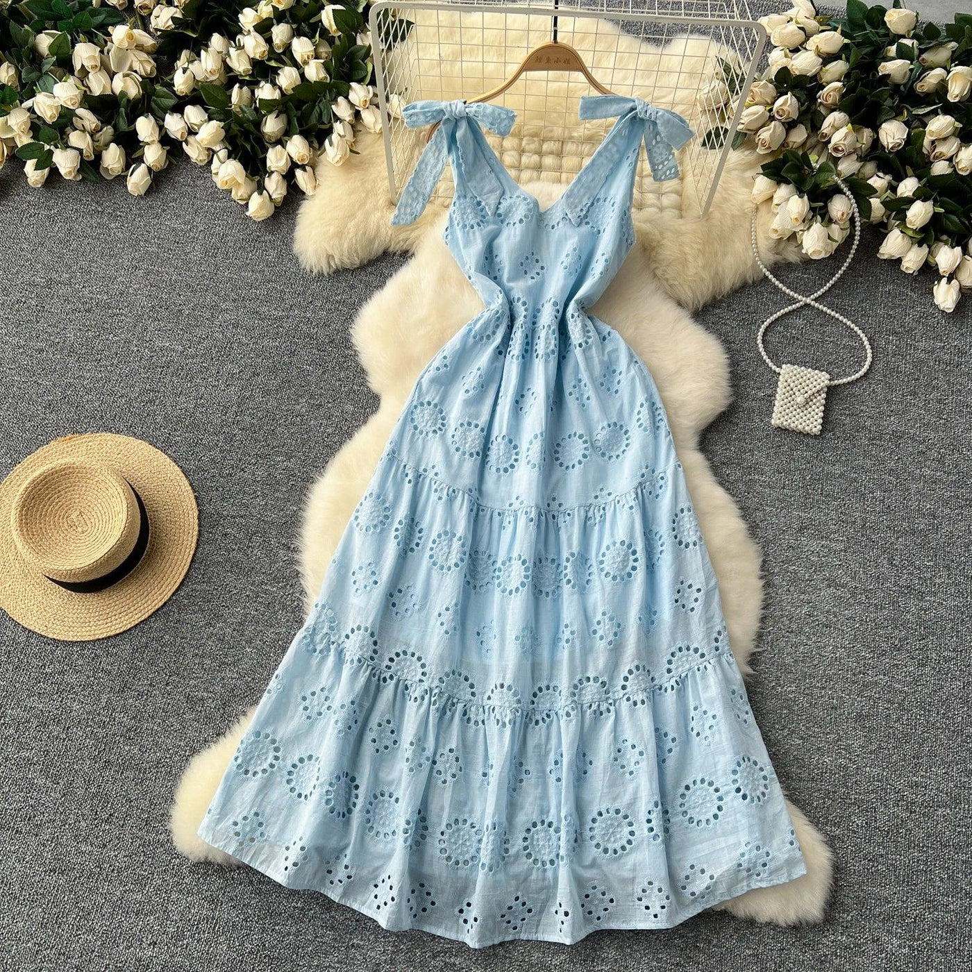 French Vintage Hollow Out Embroidery Butterfly Bow Bandage Slip Dress A-line Chic Casual Beach Vacation Women Summer Dresses