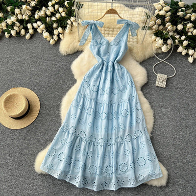 French Vintage Hollow Out Embroidery Butterfly Bow Bandage Slip Dress A-line Chic Casual Beach Vacation Women Summer Dresses