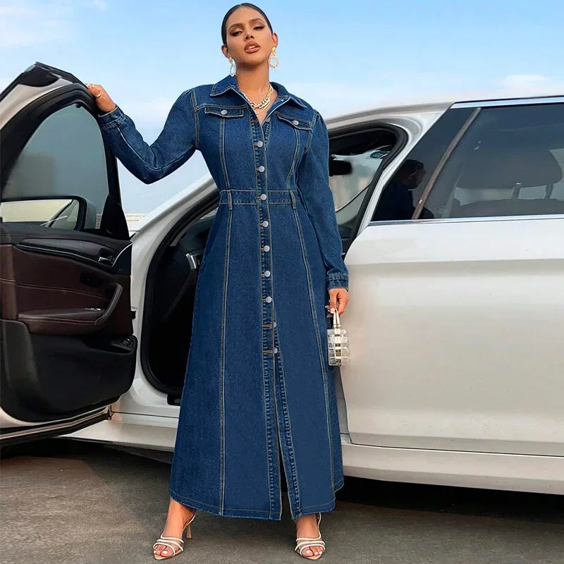 Denim Dress Women Long Dresses Spring Turn Down Collar Elegant Work Splice Vestidos Single Breasted A Line Y2k Tops Streetwear