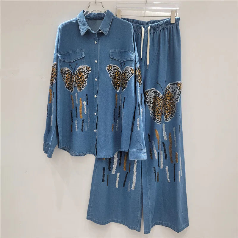ANJY Autumn New Women Chic Two-Piece Set Studded Diamonds Streetwear Denim Shirt Drawstring Straight Elegant Casual Pants  A9654